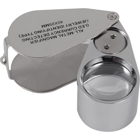 Loupe de boucle de bijoux illuminée en métal 40X, loupe pliante de poche pour les yeux de bijoutiers avec LED (détection de monnaie par LED / identification de bijoux) (1/5)