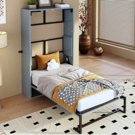 Lit escamotable 90x200 cm pliant avec verrouillage mural, en métal, gris, sans matelas (1/5)