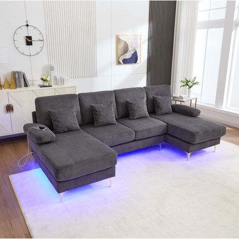 Canapé U velours gris LED USB 265x135 cm OKMYHOME (1/5)