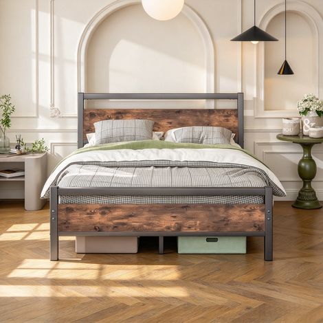 Lit 140x190 cm,Cadre de lit en métal et Bois,Lit Moderne pour Adolescent avec sommier à Lattes,pour Chambre d'amis,Montage Facile,Brun (1/5)