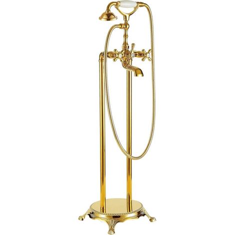 Floor-standing bathtub faucet, vertical gold shower head, imperial concubine faucet, wooden tank side, retro copper electroplating (1/5)
