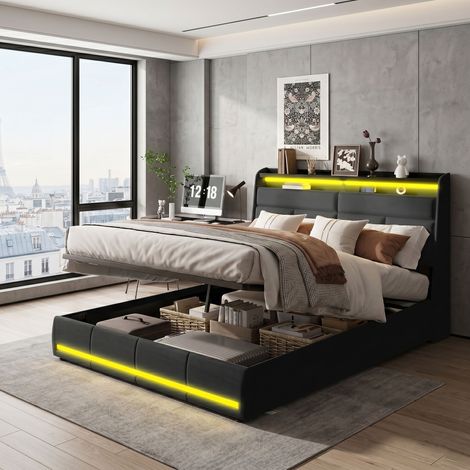 Lit 160x200 cm, Lit rembourré avec lumières LED, Lit capitonné avec sommier à Lattes et boîte de lit, Lit à fonction hydraulique lit d'appoint, pour Adultes, PU (Noir, 160x200 cm) (1/5)