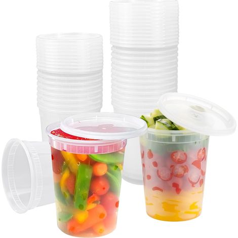 24 contenitori in plastica con coperchio da 960 ml, contenitori per zuppe in plastica con coperchio, contenitori per zuppe a tenuta stagna per la conservazione degli alimenti (1/5)
