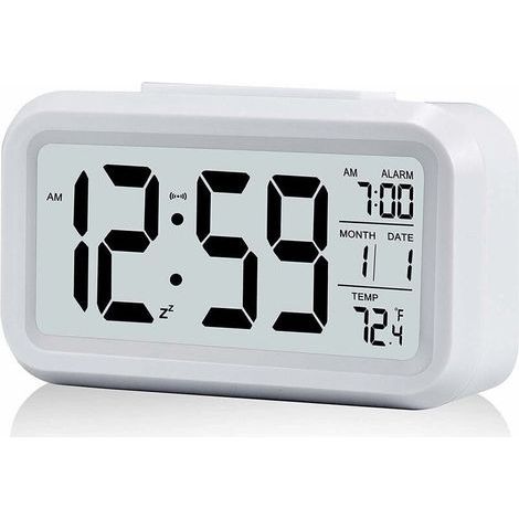 Sveglia digitale silenziosa a batteria per bambini e adulti, ampio display a LED, visualizzazione della temperatura, calendario (bianca) (1/5)