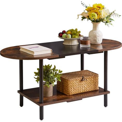 Table Basse, Table Centrale Ovale, Table À Thé D'appoint Industrielle pour Meubles de Salon, Style Moderne, Marron Rustique + Noir + Pieds Noirs (1/5)