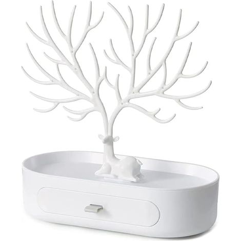 Weißer Schmuckhalter, Schmuckbaum, Schmuckständer mit Schublade, Schmuckbaum für Ringe, Schmuckständer Vögel, zur Aufbewahrung von Halsketten, Ohrringen, Ringen, Armbändern, Halsketten und Uhren (Weiß (1/5)