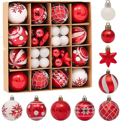 Lot de 42 petites boules de Noël en plastique incassable à suspendre pour sapin de Noël, fêtes, mariage (rouge, blanc) (1/5)