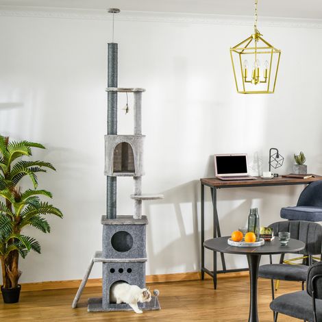 Plafond d’arbre à chat haut XXL 225-255 cm pour petits chats,hauteur réglable avec jouet et sisal,gris clair