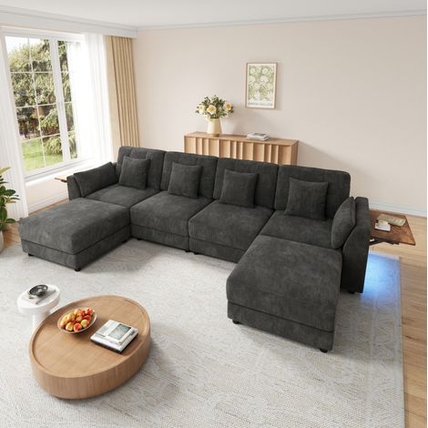Divano modulare a U e L 292x135x82 cm, con 2 pouf mobili, LED, tavolino ribaltabile, chenille grigio (1/5)