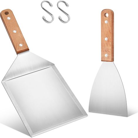 Lot de 2 Spatules, Acier Inoxydable, Bord Biseauté, Poignée Ergonomique, Barbecue Plancha