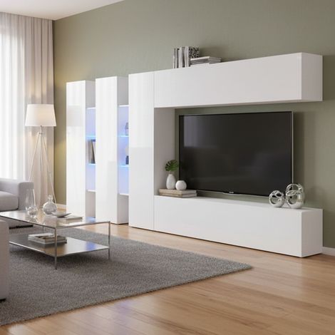 Dmora - Pared Equipada Dattard, Conjunto de salón Mueble TV con 5 puertas, Mueble de salón polivalente, 100% Made in Italy, cm 340x30h180, Blanco brillante (1/5)