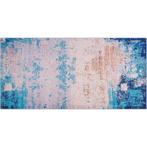 Alfombra azul tejido de poliéster patrón abstracto desgastado fondo revestido de goma 80 x 150 cm Inegol (1/5)