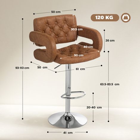 Tabouret de bar avec dossier et accoudoirs, réglable en hauteur, avec repose-pieds, en similicuir marron. (1/5)