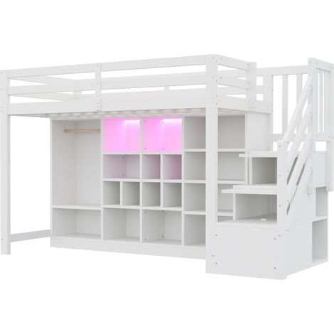Hochbett 90 x 200 cm mit Stauraum, integriertem Kleiderschrank, Seitentreppe und LED, weiß (1/5)