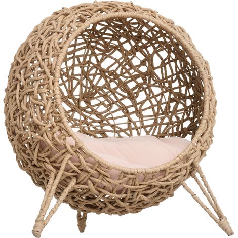 Lit surélevé pour chat en résine tressée beige confort maximal coussin moelleux dim. Ø 52 x 58H cm cosy niche grotte (1/5)