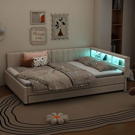 Lit de jour - KOMHTOM - 140x200 - rangements tête de lit - USB-C & LED intégrées - sommier à lattes inclus (1/5)