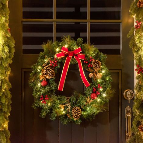 Couronne de Noël artificielle lumineuse avec 20 LED de 60 cm - décorée de houx et de pommes de pin