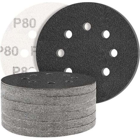 Lot de 50 disques abrasifs en carbure de silicium noir, grain 80, pour ponceuse orbitale aléatoire ronde à 8 trous - Grain mixte - Pour le polissage (1/4)