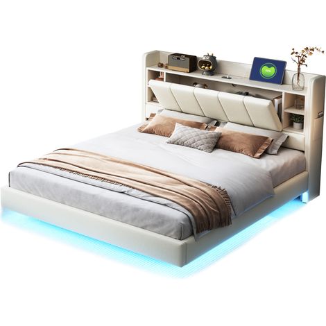 Lit double capitonné 160 x 200 cm avec éclairage led et usb, lit rembourré tête de lit réversible avec coussins de rangement, tissu effet lin, beige (1/5)