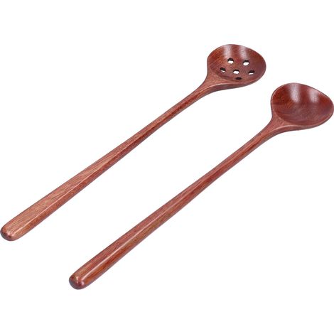 2-teiliges Set Holzlöffel mit langem, geradem Griff, Küchenutensil für Tassen, Teller und Schüsseln (1/5)