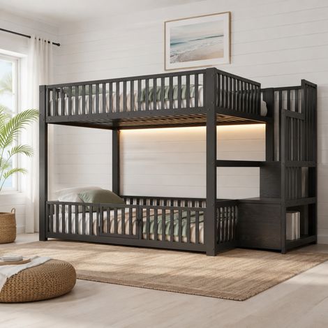 Etagenbett 140x200 cm Schwarz aus MDF und Metall mit LED-Beleuchtung, Stauraumleiter und Schutzgittern (1/5)