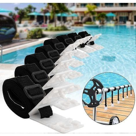 Kit de fixation pour couverture solaire de piscine, 8 sangles de fixation, kit avec sangles universelles à spirale pour la fixation de la couverture solaire, pour piscine enterrée (1/5)