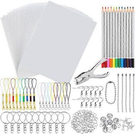 Kit de 198 feuilles de papier plastique thermorétractable avec perforatrice pour porte-clés, crayons et dessins à faire soi-même. (1/4)