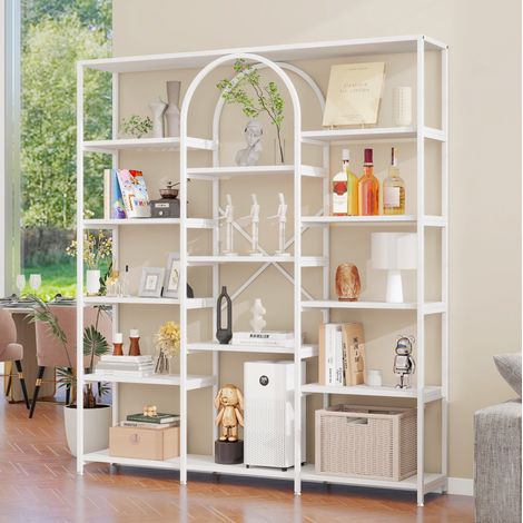 Scaffale in MDF e metallo bianco 160 x 30 x 180 cm, design ad arco, ripiani multipli aperti (1/5)