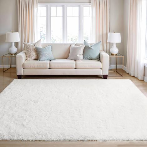 Tapis de Salon Shaggy Tapis Chambre Moderne à Poils Longs et Moelleux, Grand Doux Tapis de Sol Pelucheux Dessous Antidérapant, Blanc Neige, 160x230cm