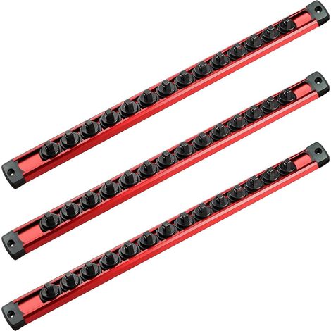APEX Ensemble de trois rails magnétiques en aluminium pour manchons, 40 cm - avec 42 clips rotatifs rouges pour manchons de 1/4 de pouce - organisateur de manchons pour garages et ateliers. (1/5)