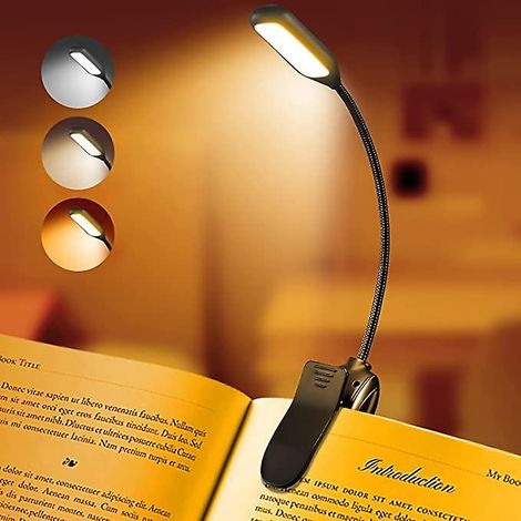Lampe de lecture rechargeable pour lit, liseuse LED à luminosité réglable avec 3 températures de couleur, autonomie de 20+ heures, USB. (1/5)