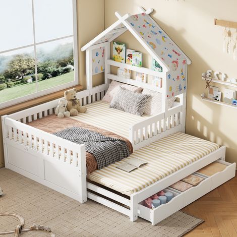 Lit Cabane Enfant 140x200 cm en Bois Blanc avec Lit Gigogne et 3 Tiroirs - lit mezzanine avce Barrières de Sécurité et Sommiers Inclus - Design Moderne