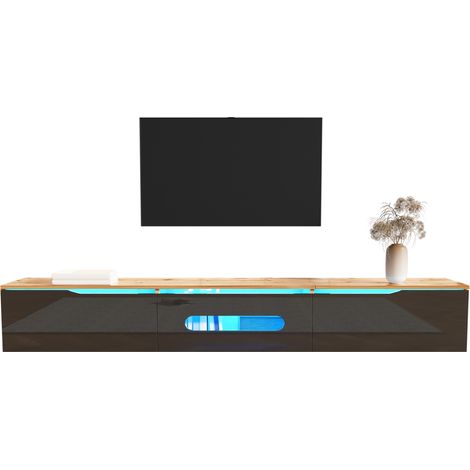 Meuble TV LED 180 cm noir et bois, surface haute brillance, 3 portes avec fermeture douce, pose au sol ou murale, rangement avec passe-câbles moderne  CHICFURN (1/5)