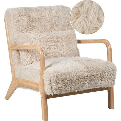 Armchair Light Beige Faux Fur Wooden Legs with Armrests and Cushion Classic Traditional Living Room SKOVDE