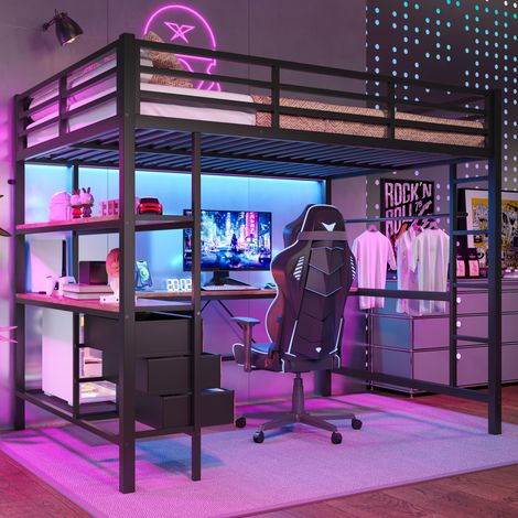 Letto a Soppalco 140x200 cm, con Scrivania e Presa USB, 3 Cassetti, LED, Sicurezza e Ringhiera, Metallo Nero (Senza Materasso)