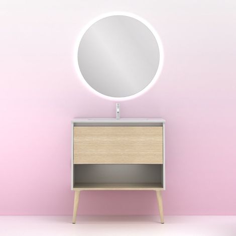 Meuble salle de bain simple vasque NARA chêne clair et blanc 80 cm Miroir non inclus (1/5)
