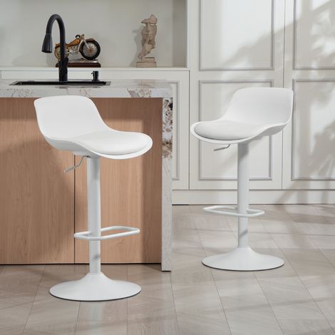 Juego de 2 taburetes de bar de altura regulable, taburetes de cocina de polipiel con respaldo y reposapiés y base ancha de acero, sillas altas giratorias de 360°, color blanco.