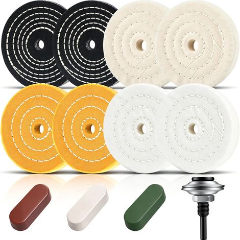 100-mm-Polierscheiben, 12-teiliges Set mit 8 Polierscheiben (weiß/gelb, Baumwolle, Flanell, Denim), 3 Polierpasten und Adapter, 1/2 Zoll (12,7 mm) Bohrung, für Schleifbank, Bohrmaschine und Akkuschrau (1/5)
