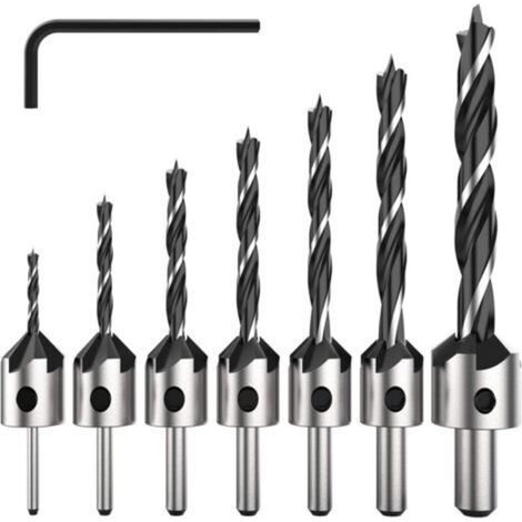 Jeu de 7 forets à fraiser HSS à 5 cannelures, pour vis à bois de différentes longueurs, pour un vissage et un desserrage faciles, diamètre 3 à 6 mm.