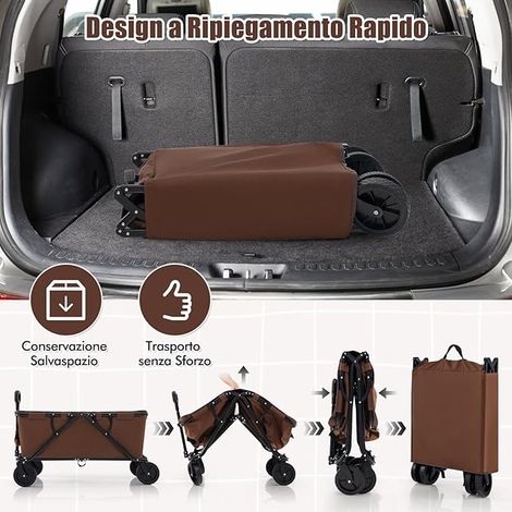COSTWAY Carrello da Spiaggia Pieghevole, Carrello da Campeggio con Maniglia Regolabile e 360° Ruote, Portabottiglie e Tasca Portaoggetti, 170L, per Campeggio, Spiaggia e Giardino (Marrone) (1/4)