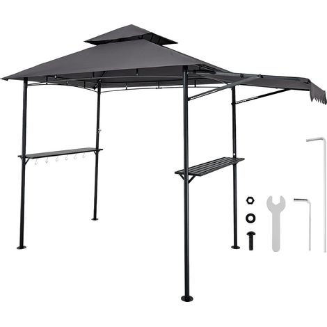 Abri BBQ 2,43 x 1,5 m, tonnelle double toit pour grill, structure acier thermolaqué avec auvent supplémentaire, 2 étagères latérales, décapsuleur et crochets, shelter extérieur pour jardin (1/5)