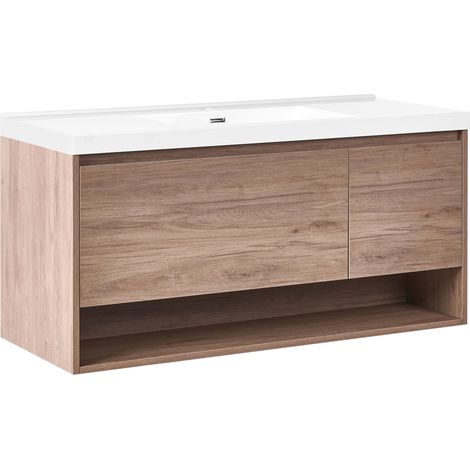 Mobile bagno sospeso con lavabo 1 cassetto frontale e 2 ripiani 120 x 50 cm marrone chiaro (1/5)