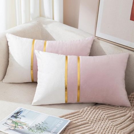 Lot de 2 housses de coussin lombaires décoratives en velours, patchwork rose et blanc avec empiècements en cuir doré, 30 x 50 cm (12 x 20 pouces). Décoration idéale pour salon, canapé, chambre ou voit