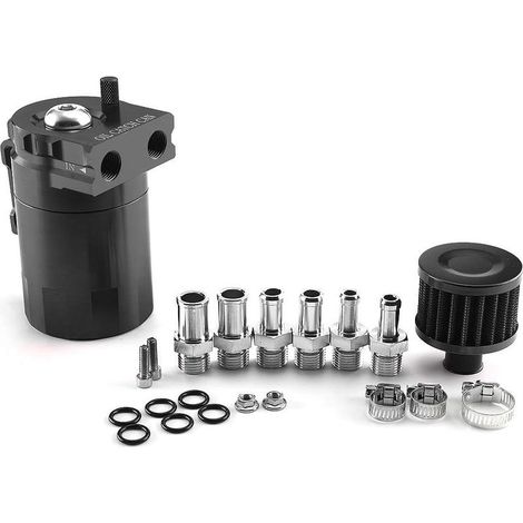 Récupérateur huile moteur, universel oil catch can, récupération des vapeurs d'huile moteur en aluminium de 300ml, avec filtre à air, tuyau et autres accessoires (Noir) (1/5)