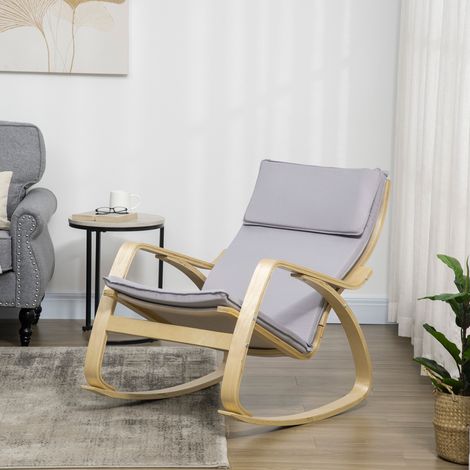 Poltrona a dondolo relax HOMCOM con cuscino removibile, braccioli in legno di betulla per soggiorno, 67x97x84 cm, grigia (1/5)