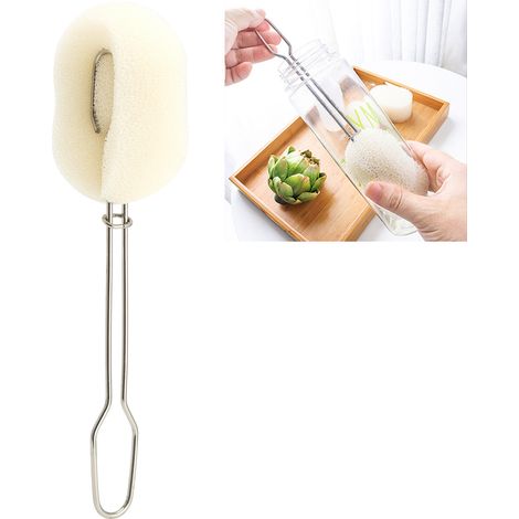 Brosse de nettoyage pour biberon avec tête en éponge remplaçable et manche long, idéale pour les biberons de bébé. (1/5)