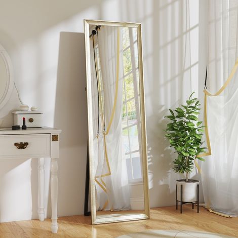REDOM Specchio da terra 50x4x160 cm, da appoggiare, fissare al muro o inclinare, vetro temperato da 4 mm, plastica dorata