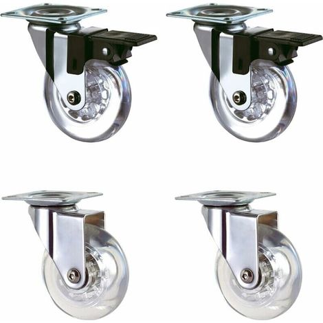 Lot de 4 roulettes transparentes de 50 mm avec frein pour transport, facile à déplacer, convient à toutes les surfaces (50 mm), revêtement caoutchouc transparent, charge totale 160 kg. (1/3)