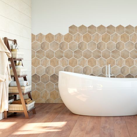 Sticker mural carrelage adhésif cuisine salle de bain – 28 stickers hexagones bois patiné 10x9 cm – Décoration originale pour intérieur - 28stickershexagones10x9cm