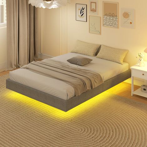 Bettgestell 140 x 190 cm mit LED-Beleuchtung, leinenbezogenes Bettgestell, Holzlattenrost, einfach zu montieren, grau